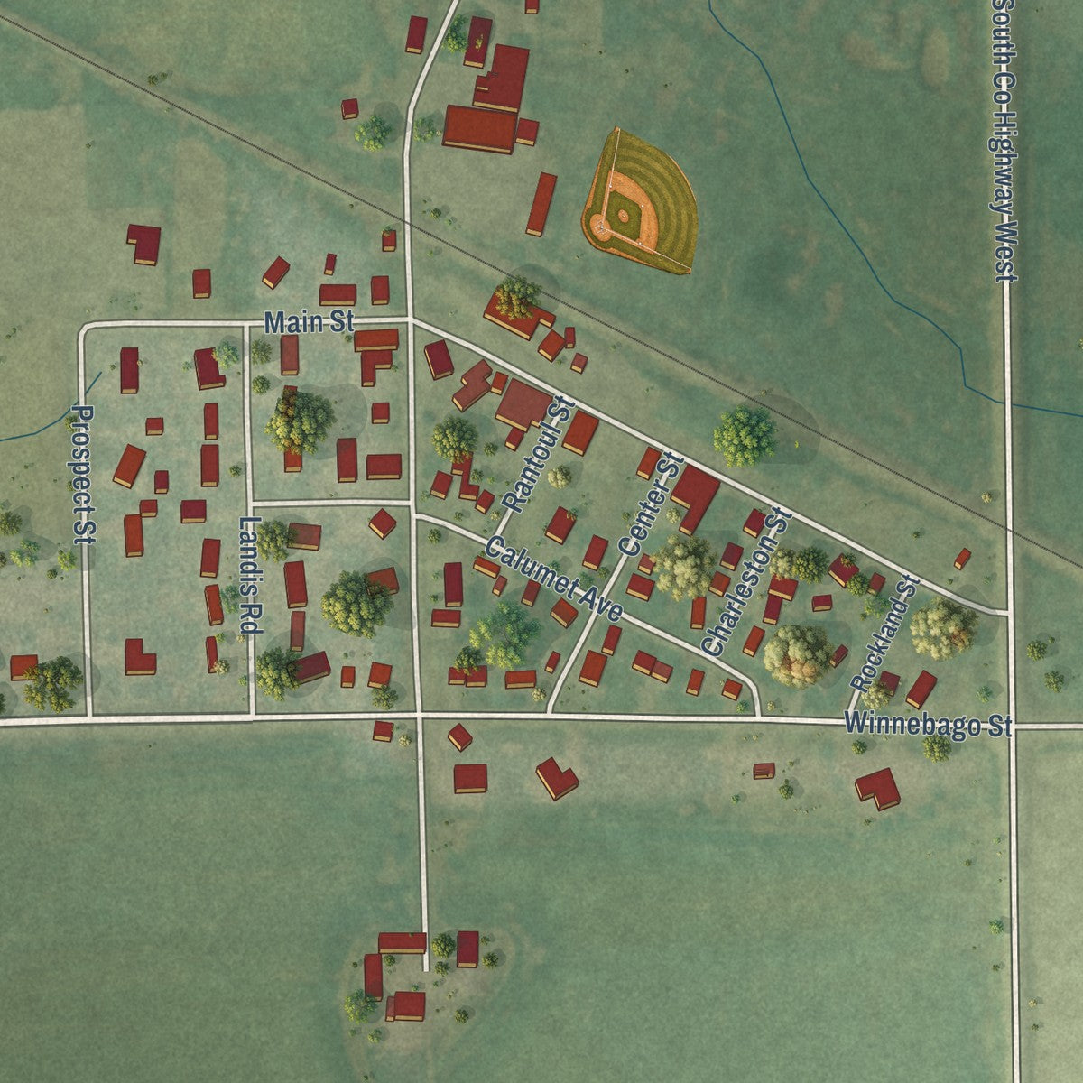 Close-up of the map of Collins, Wisconsin print showing street and building detail
