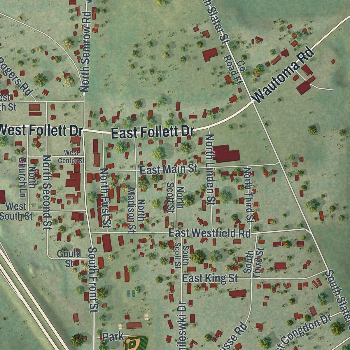Close-up of the map of Coloma, Wisconsin print showing street and building detail