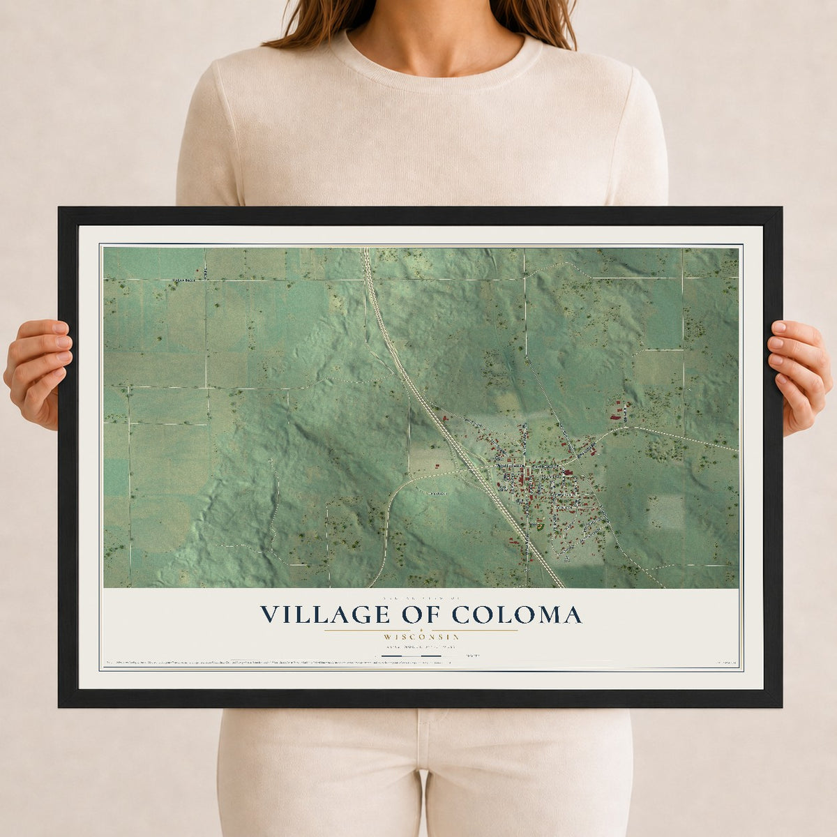 Map of Coloma, Wisconsin, 12 x 18 inch print in a black wood frame