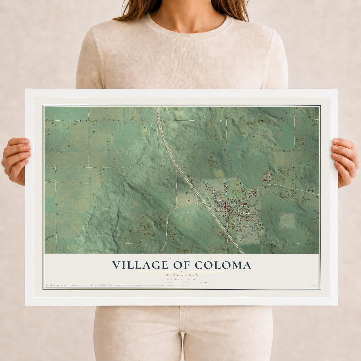 Map of Coloma, Wisconsin, 12 x 18 inch print in a white wood frame