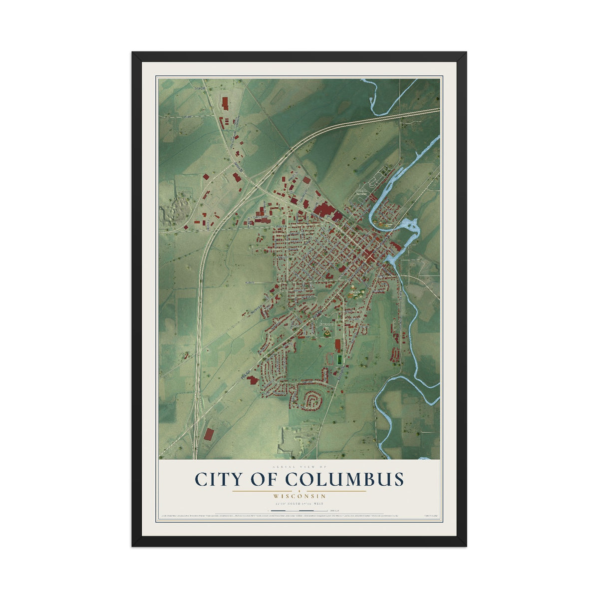 Map of Columbus, Wisconsin, 12 x 18 inch print in a black wood frame