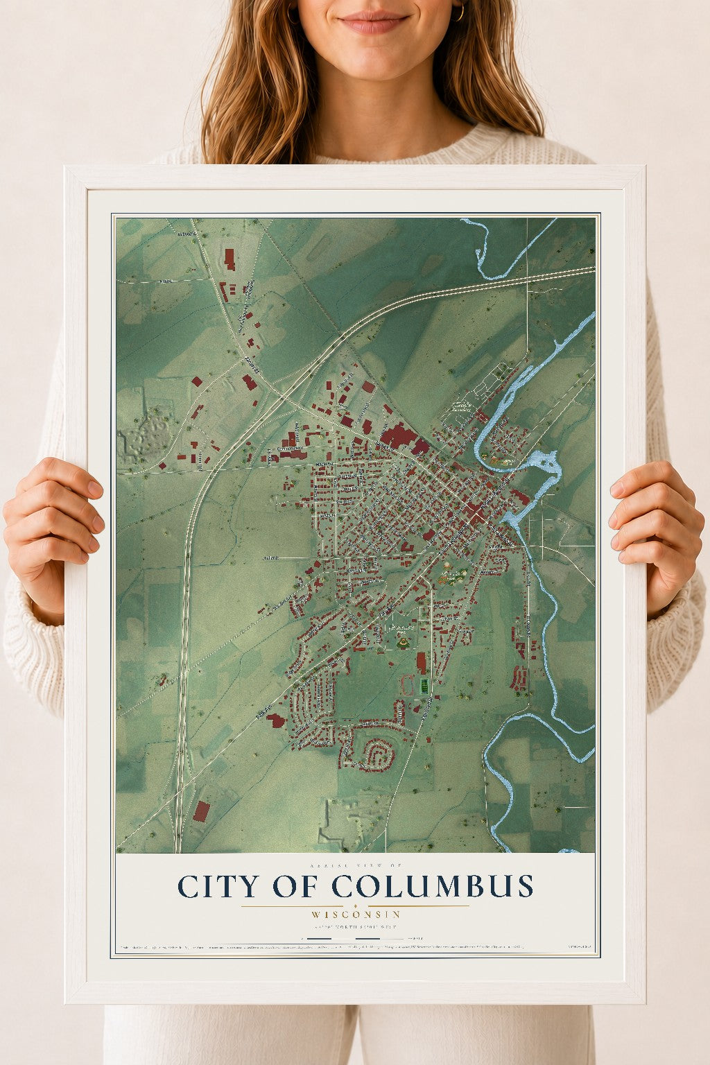 Map of Columbus, Wisconsin, 18 x 24 inch print in a white wood frame