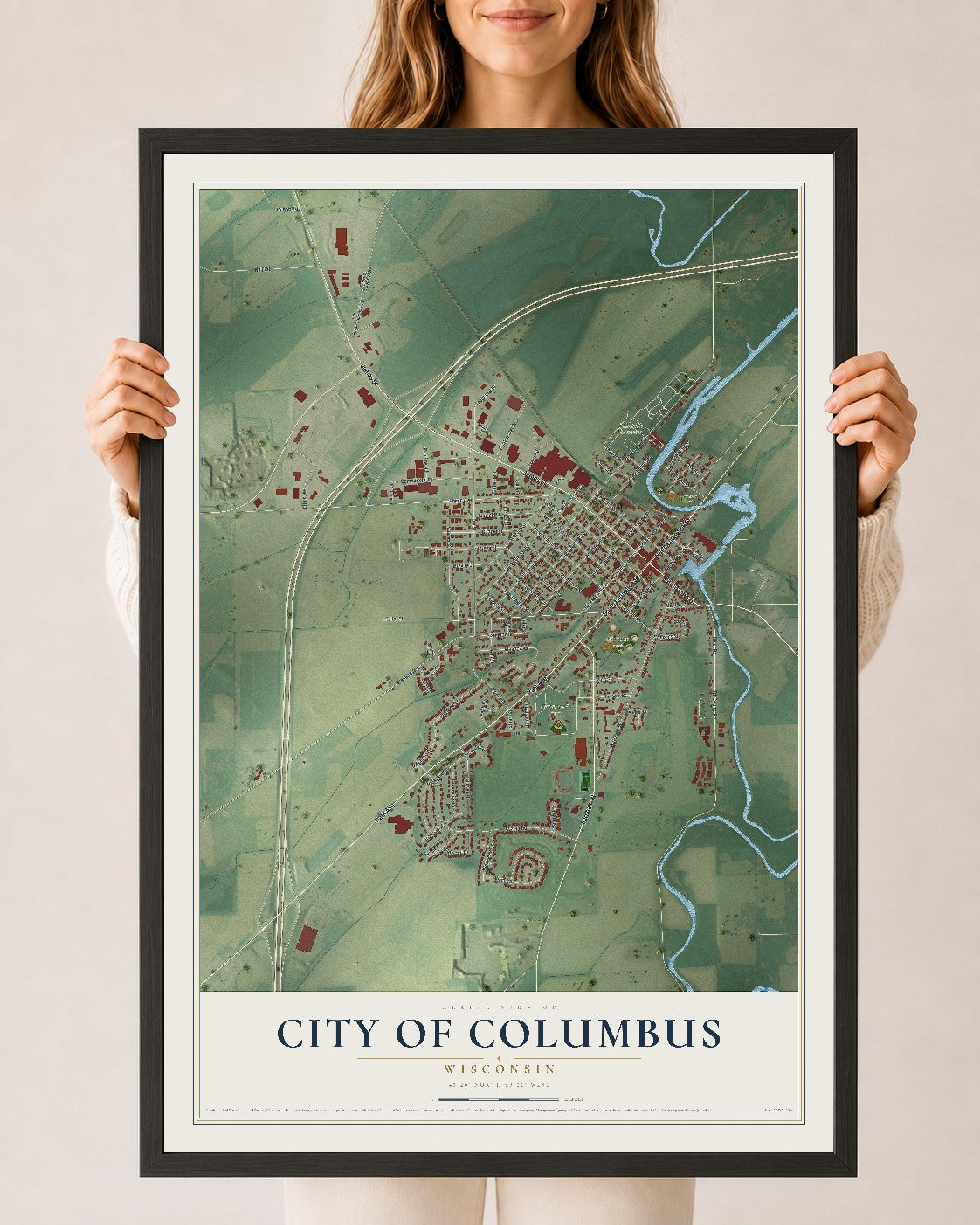 Map of Columbus, Wisconsin, 24 x 36 inch print in a black wood frame