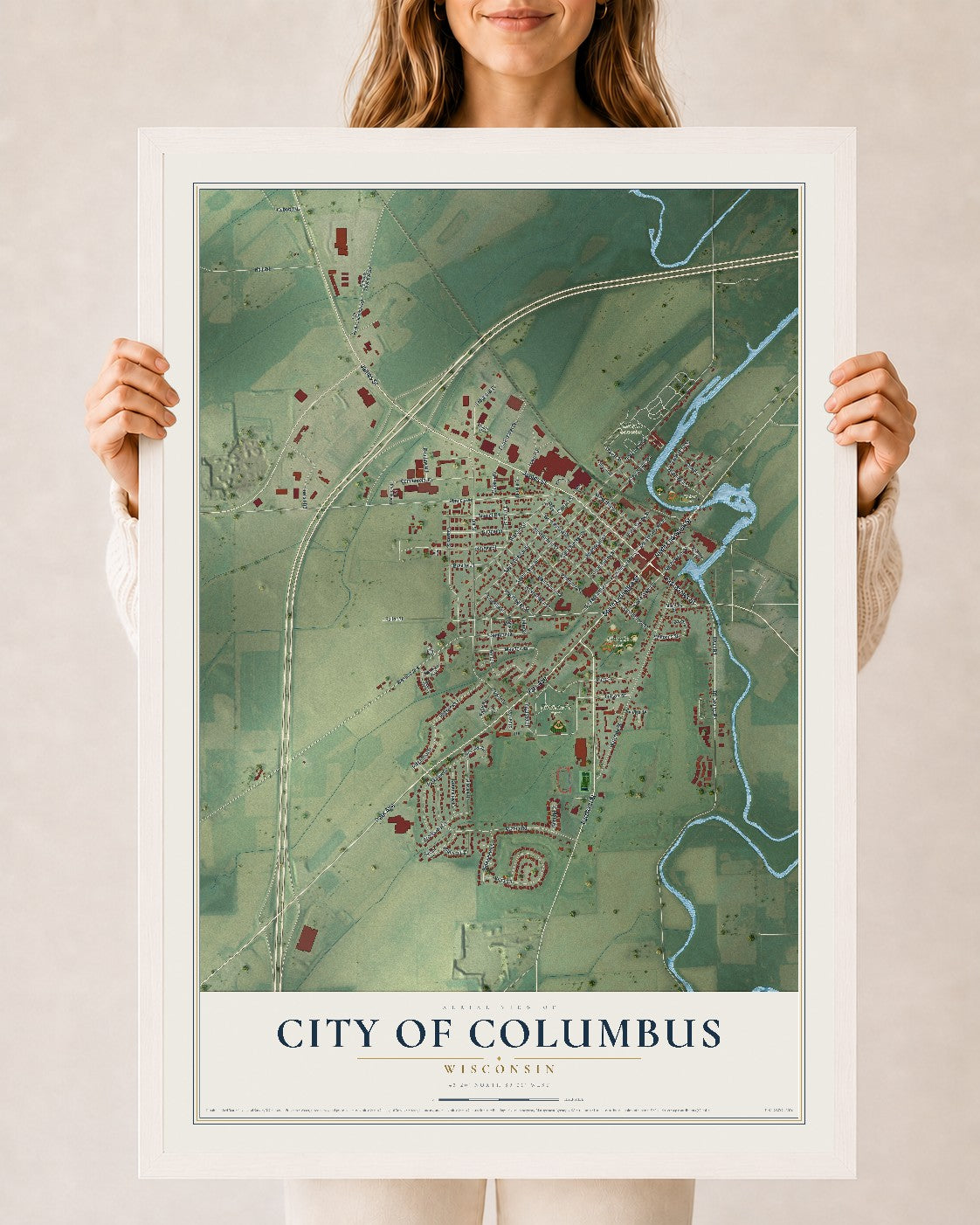 Map of Columbus, Wisconsin, 24 x 36 inch print in a white wood frame