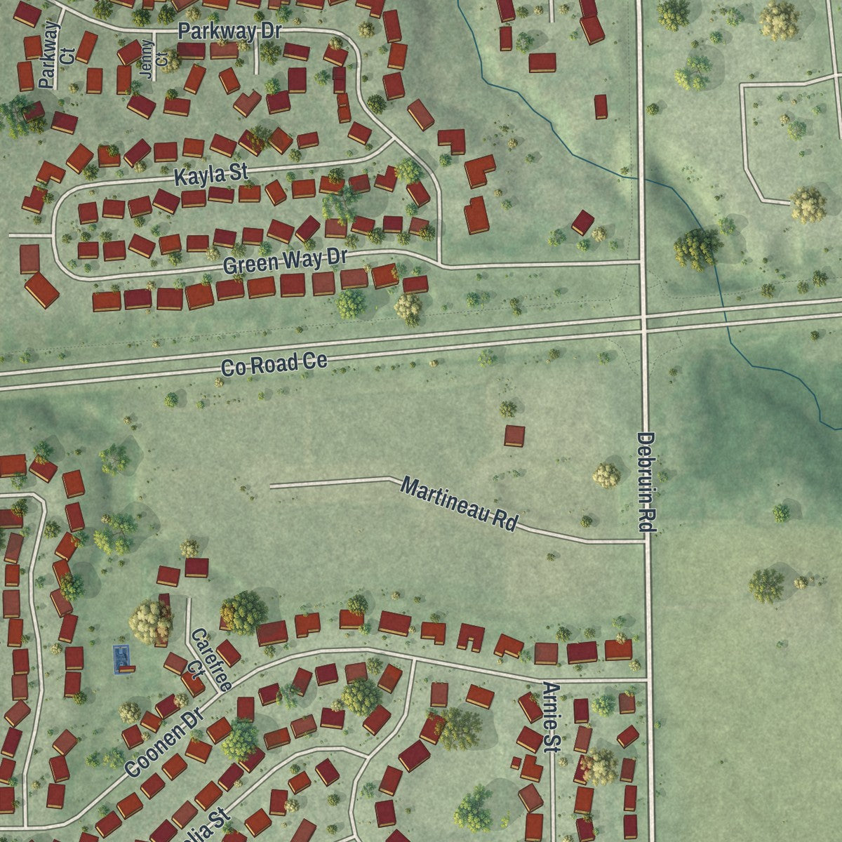 Second close-up of the map of Combined Locks, Wisconsin print showing more streets and buildings