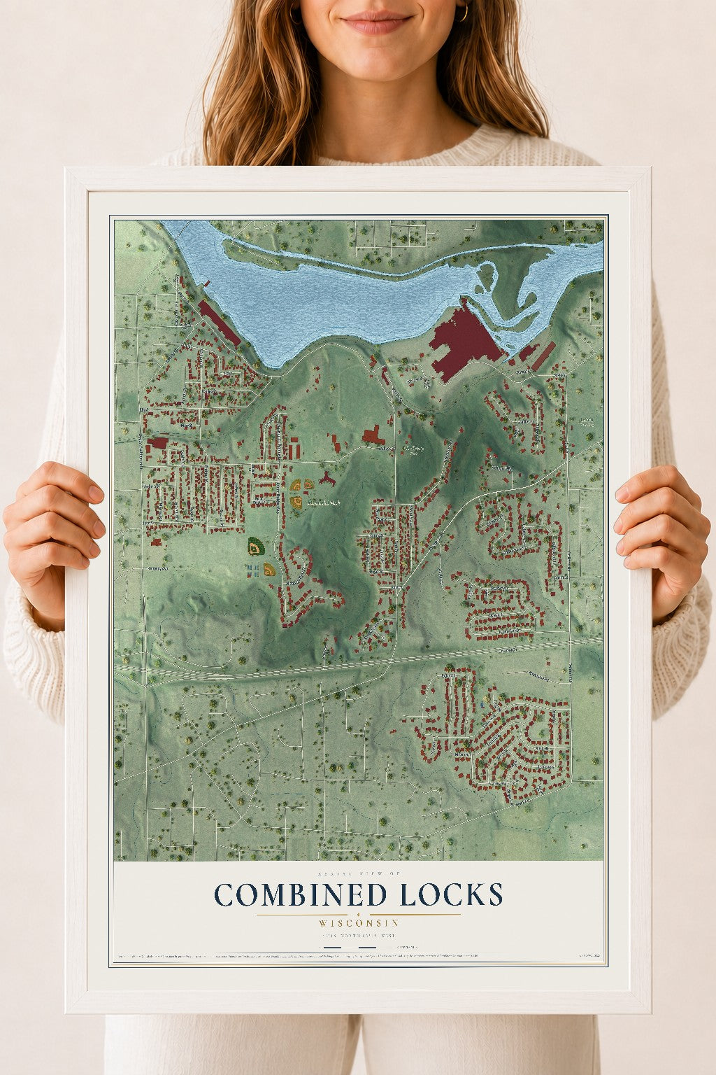 Map of Combined Locks, Wisconsin, 18 x 24 inch print in a white wood frame