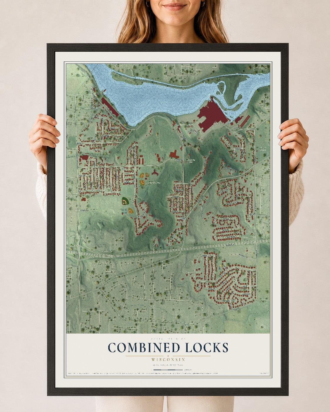 Map of Combined Locks, Wisconsin, 24 x 36 inch print in a black wood frame