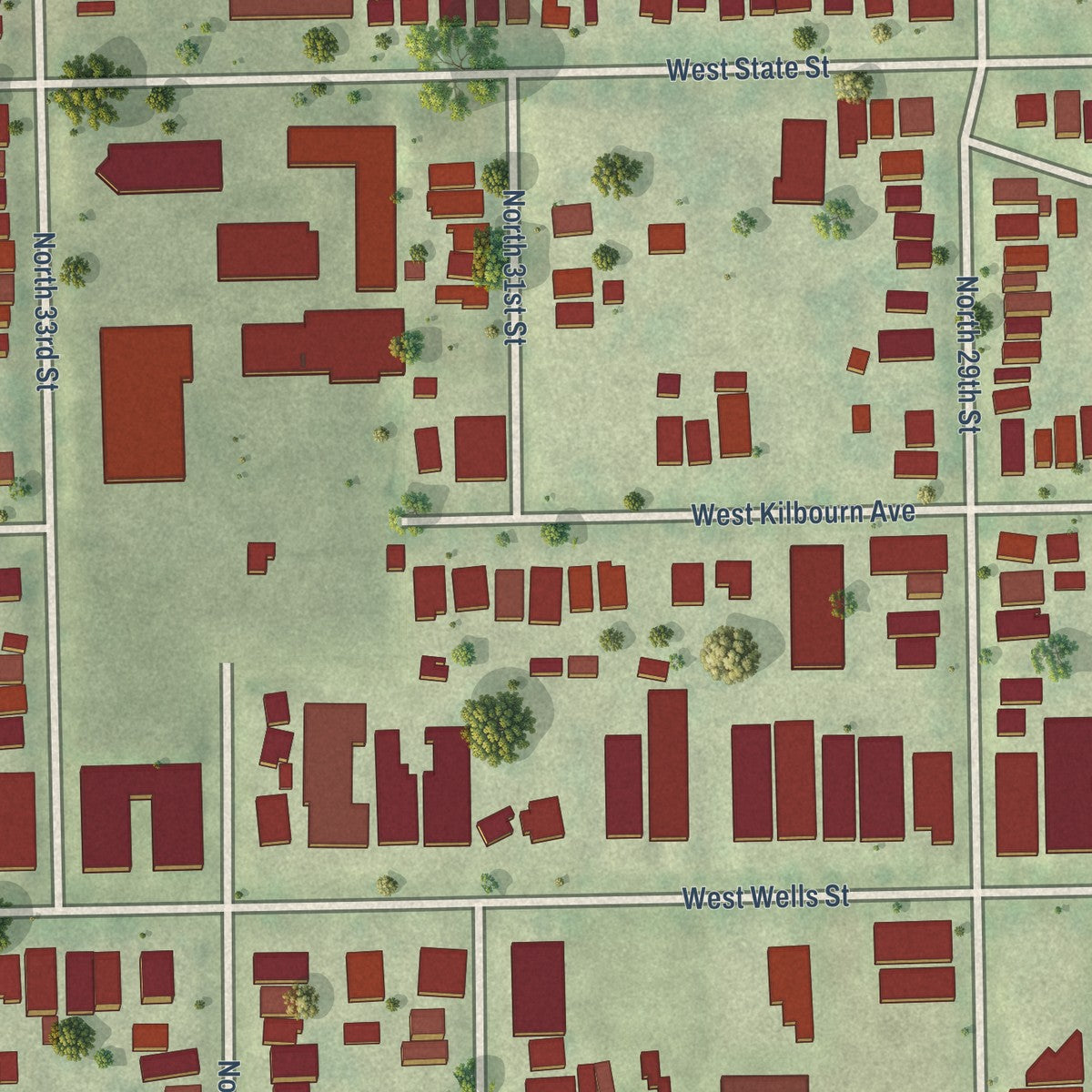 Close-up of the map of Concordia, Wisconsin print showing street and building detail