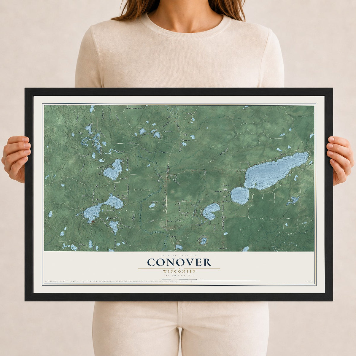 Map of Conover, Wisconsin, 12 x 18 inch print in a black wood frame