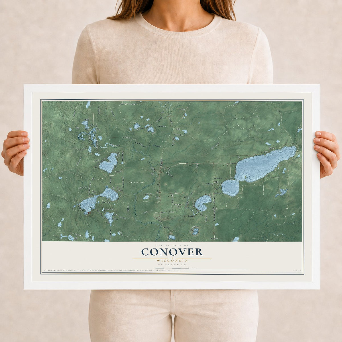 Map of Conover, Wisconsin, 12 x 18 inch print in a white wood frame