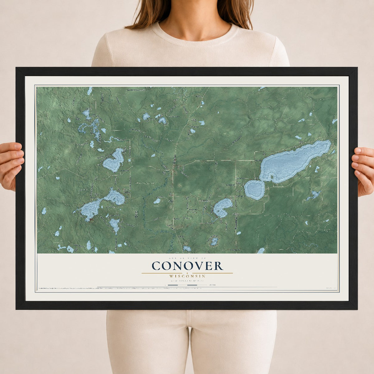 Map of Conover, Wisconsin, 18 x 24 inch print in a black wood frame