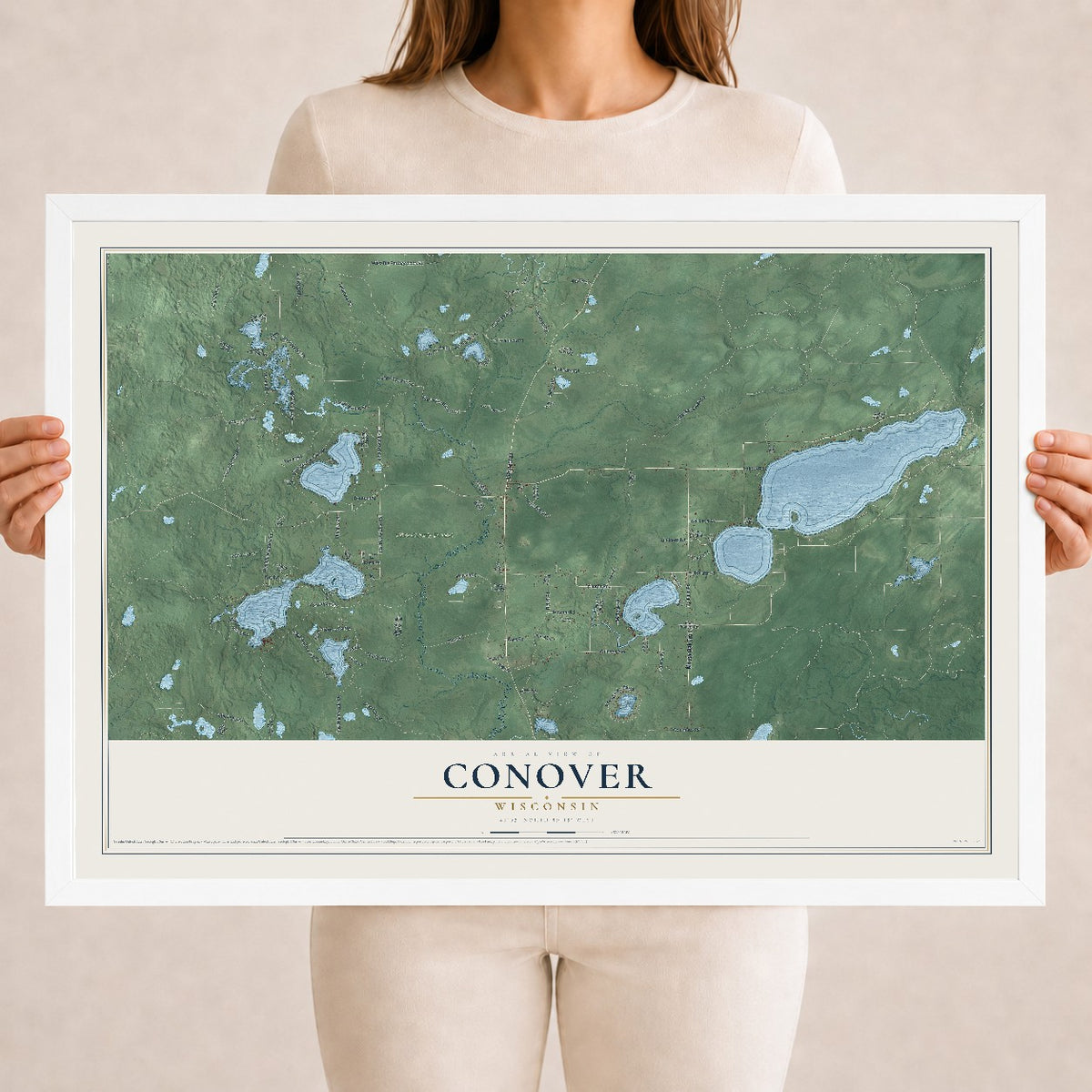 Map of Conover, Wisconsin, 18 x 24 inch print in a white wood frame