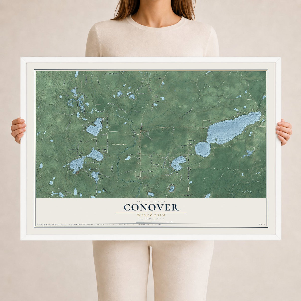 Map of Conover, Wisconsin, 24 x 36 inch print in a white wood frame