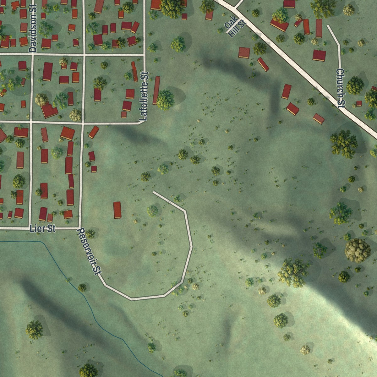 Second close-up of the map of Coon Valley, Wisconsin print showing more streets and buildings