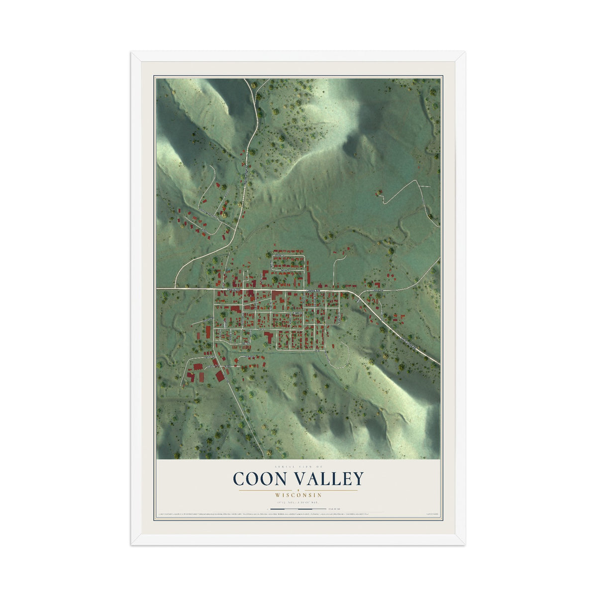 Map of Coon Valley, Wisconsin, 12 x 18 inch print in a white wood frame