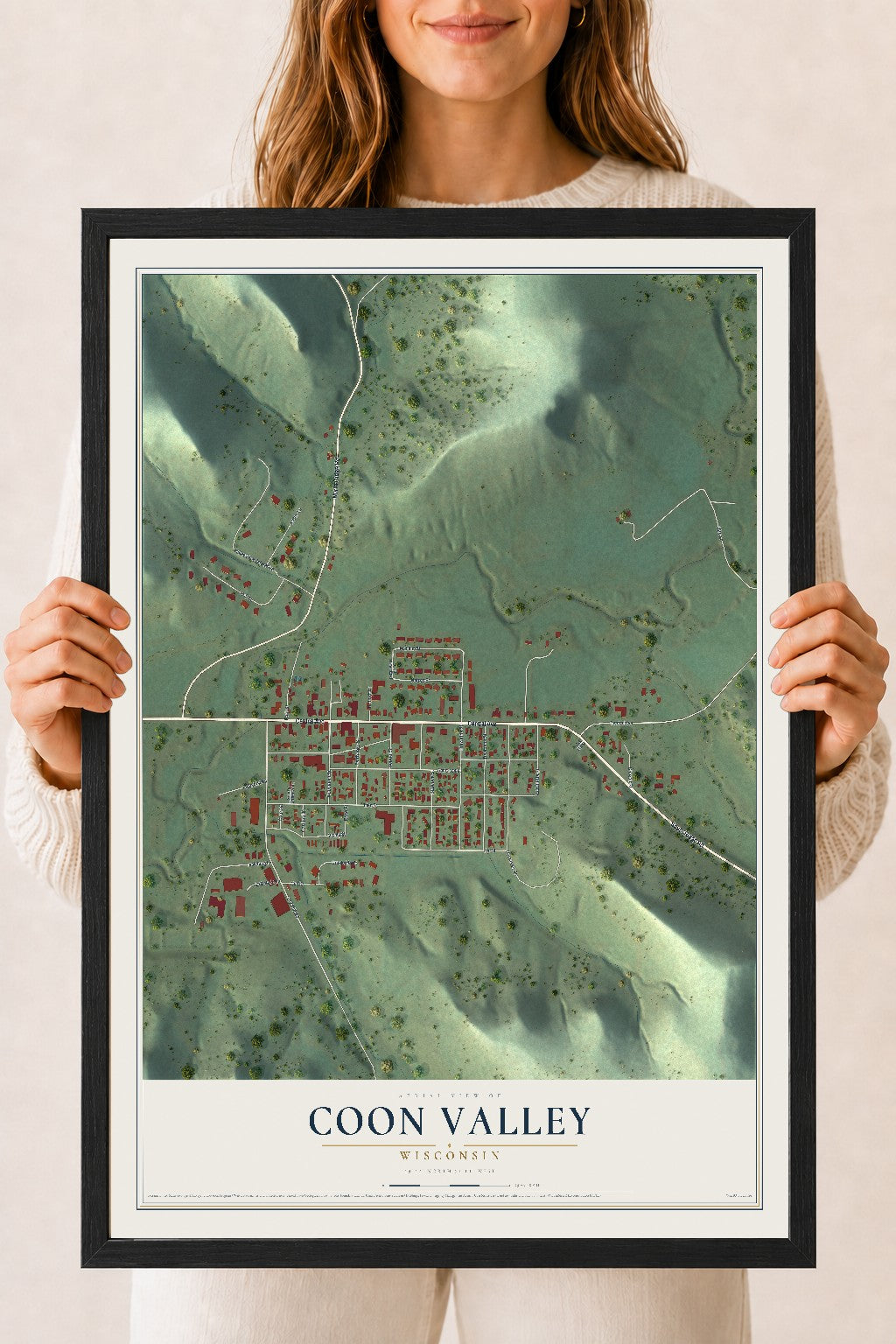 Map of Coon Valley, Wisconsin, 18 x 24 inch print in a black wood frame