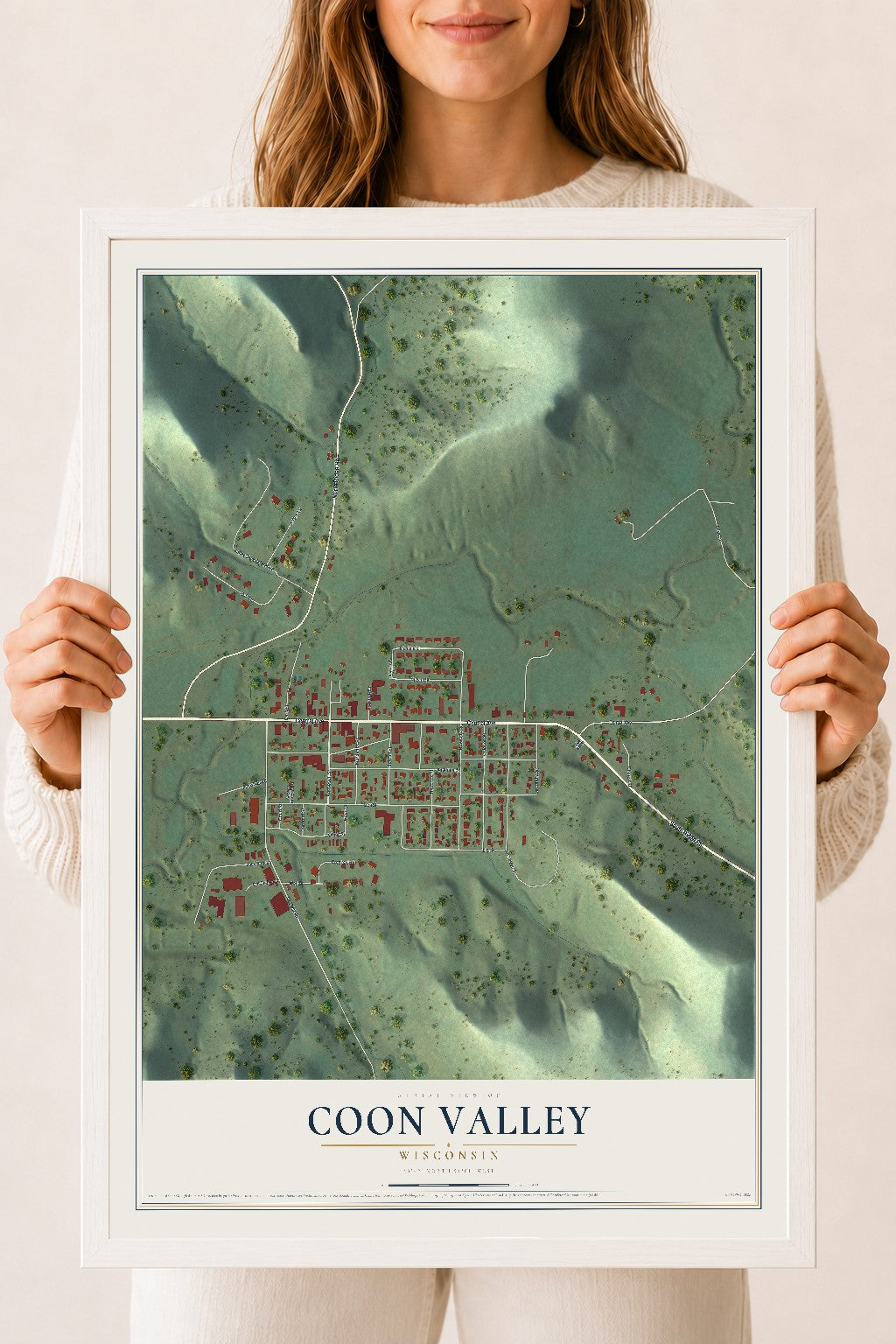 Map of Coon Valley, Wisconsin, 18 x 24 inch print in a white wood frame
