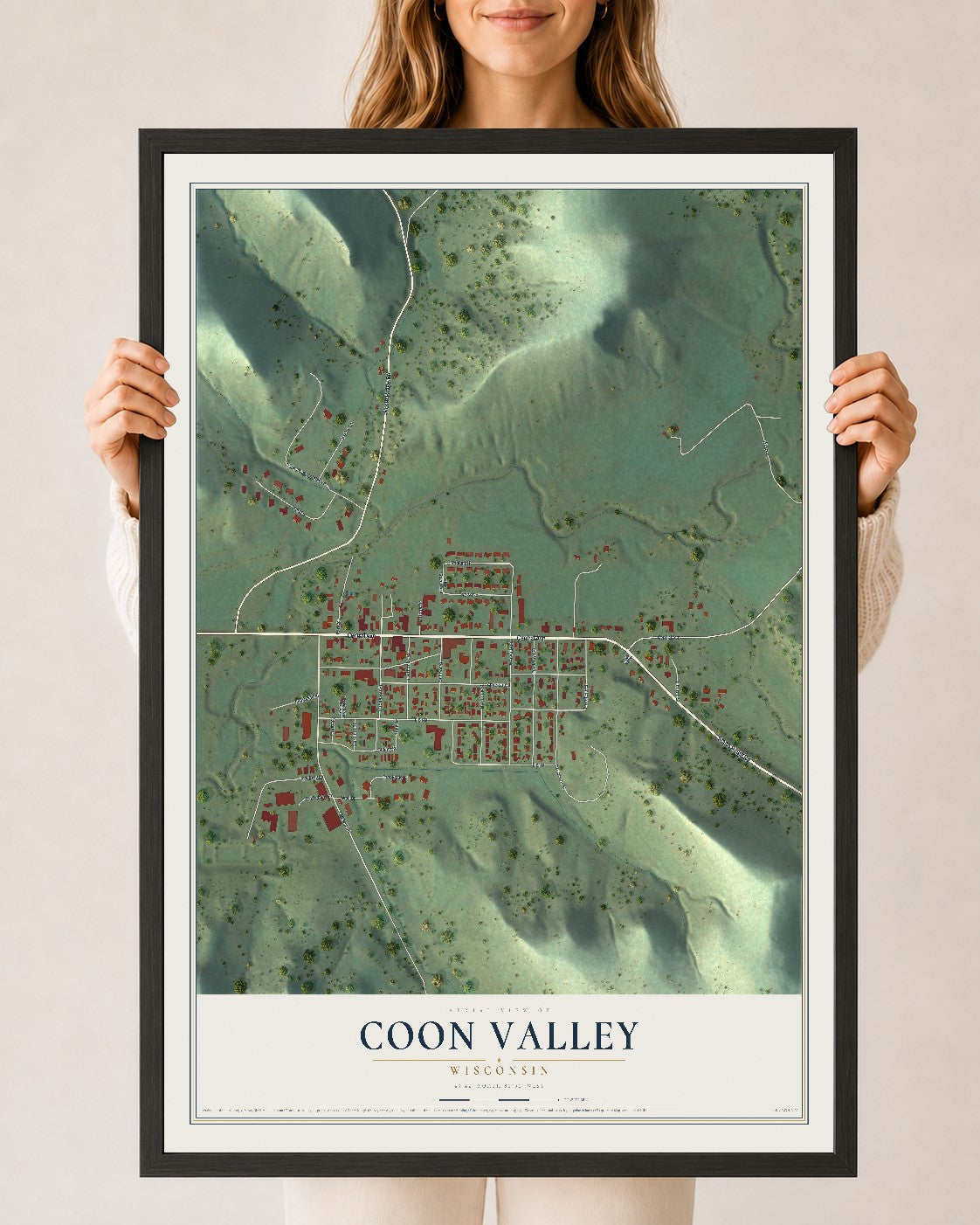 Map of Coon Valley, Wisconsin, 24 x 36 inch print in a black wood frame