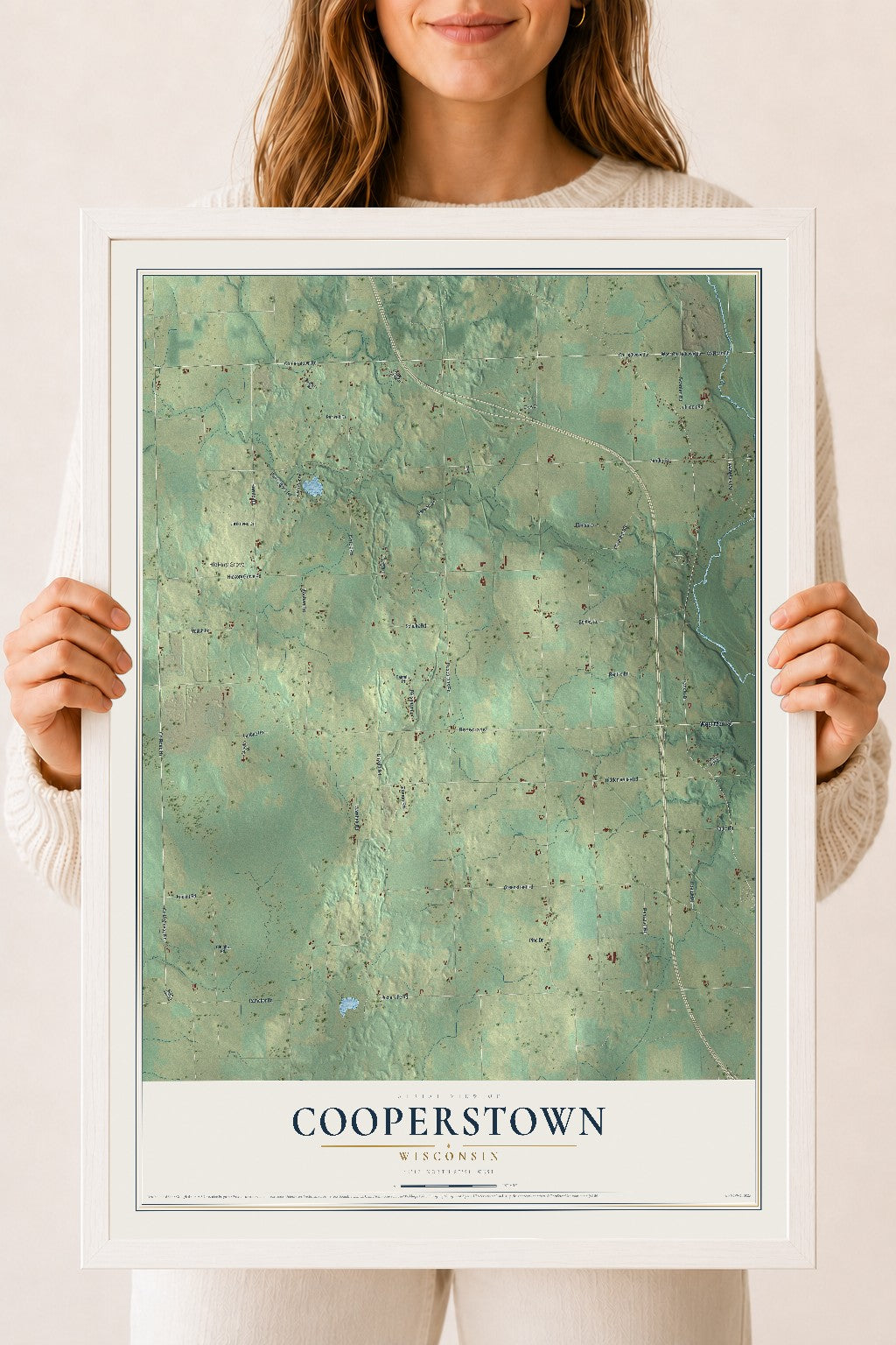 Map of Cooperstown, Wisconsin, 18 x 24 inch print in a white wood frame