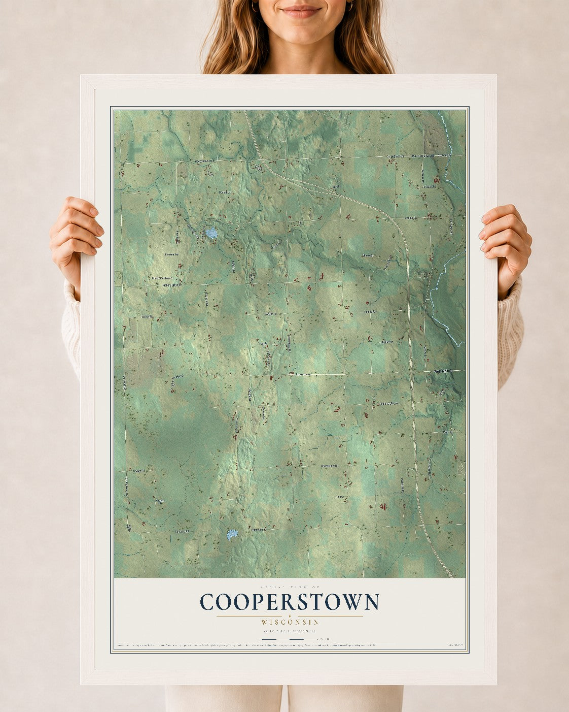 Map of Cooperstown, Wisconsin, 24 x 36 inch print in a white wood frame