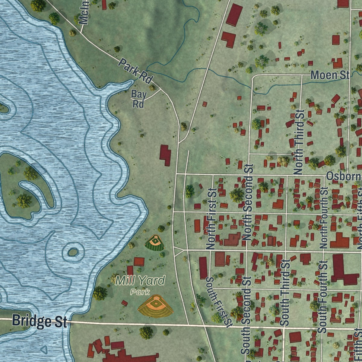 Close-up of the map of Cornell, Wisconsin print showing street and building detail