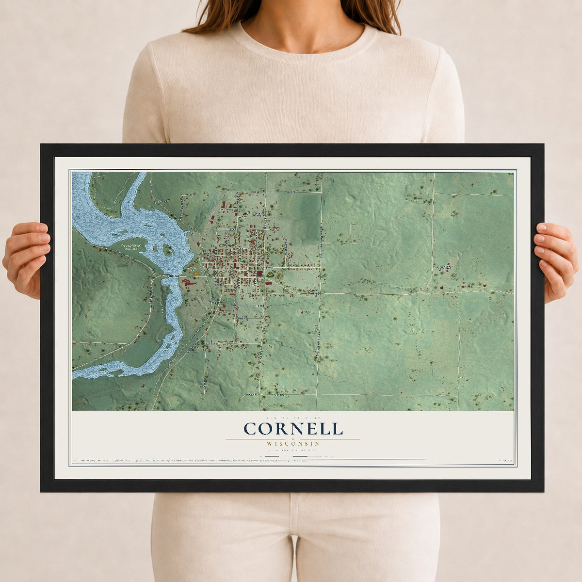 Map of Cornell, Wisconsin, 12 x 18 inch print in a black wood frame