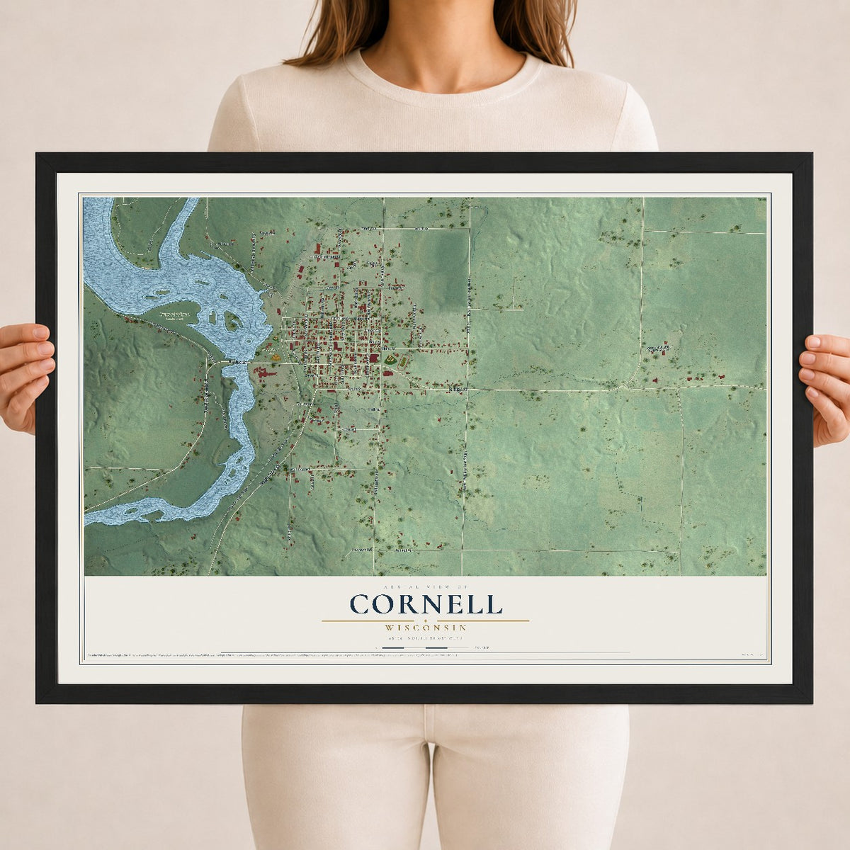 Map of Cornell, Wisconsin, 18 x 24 inch print in a black wood frame