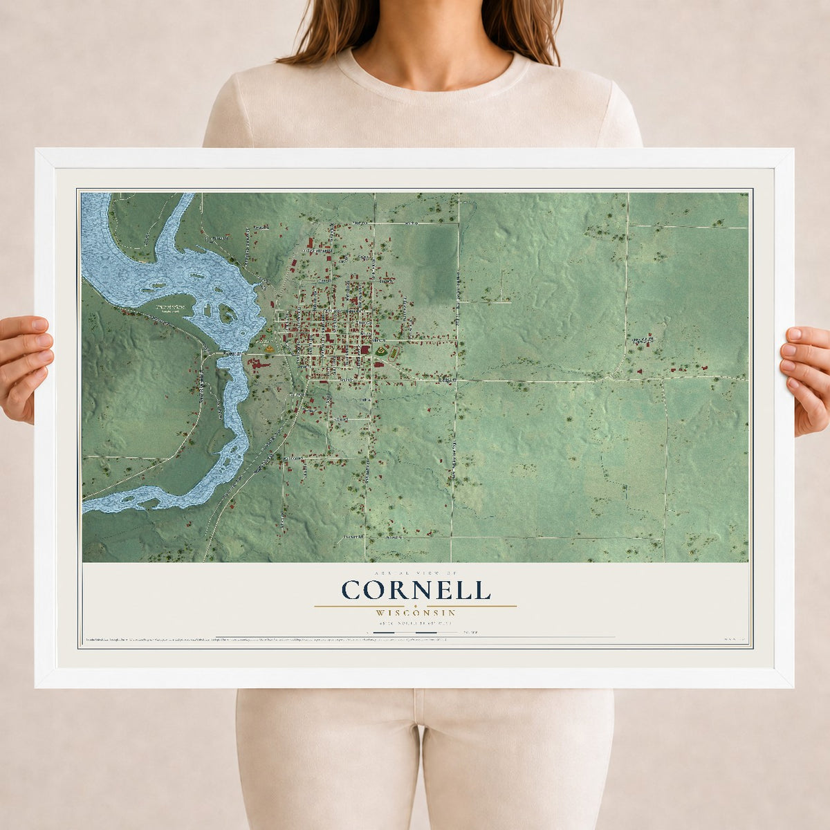 Map of Cornell, Wisconsin, 18 x 24 inch print in a white wood frame