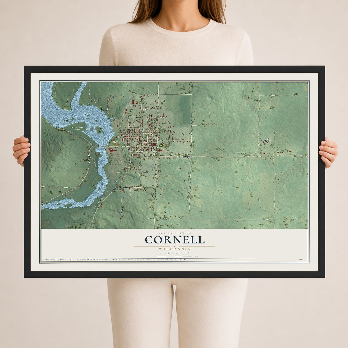 Map of Cornell, Wisconsin, 24 x 36 inch print in a black wood frame