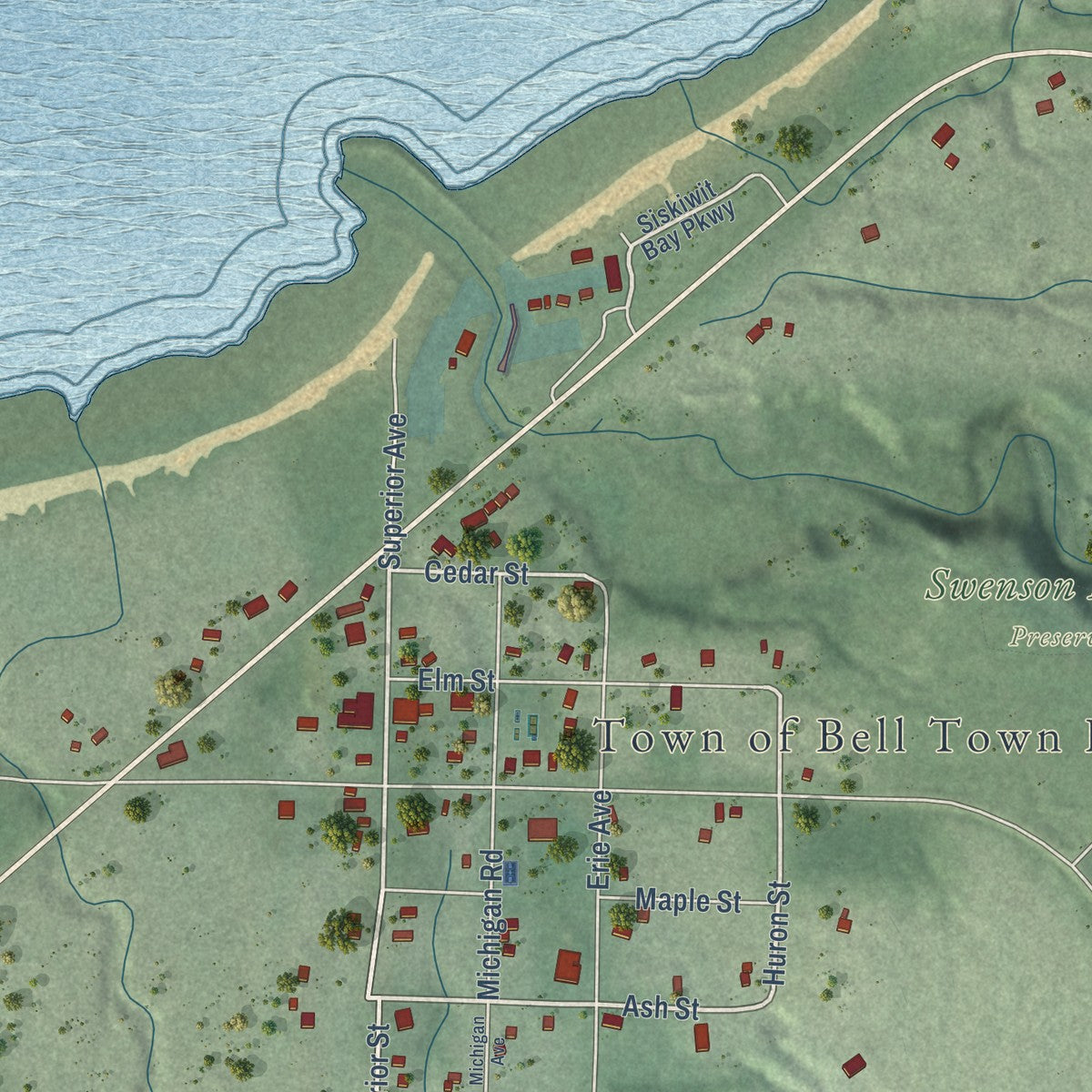 Close-up of the map of Cornucopia, Wisconsin print showing street and building detail