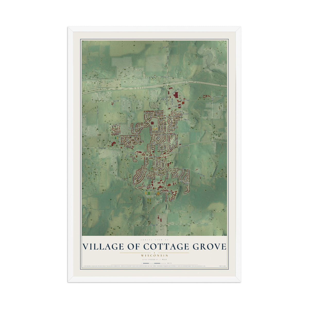 Map of Cottage Grove, Wisconsin, 12 x 18 inch print in a white wood frame