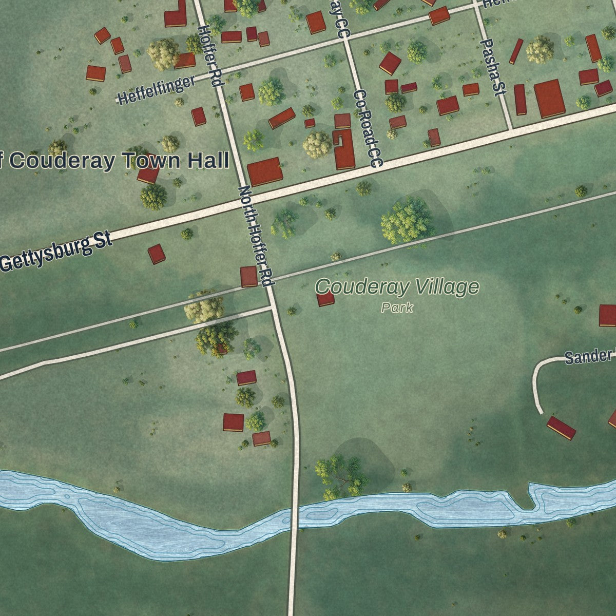 Close-up of the map of Couderay, Wisconsin print showing street and building detail