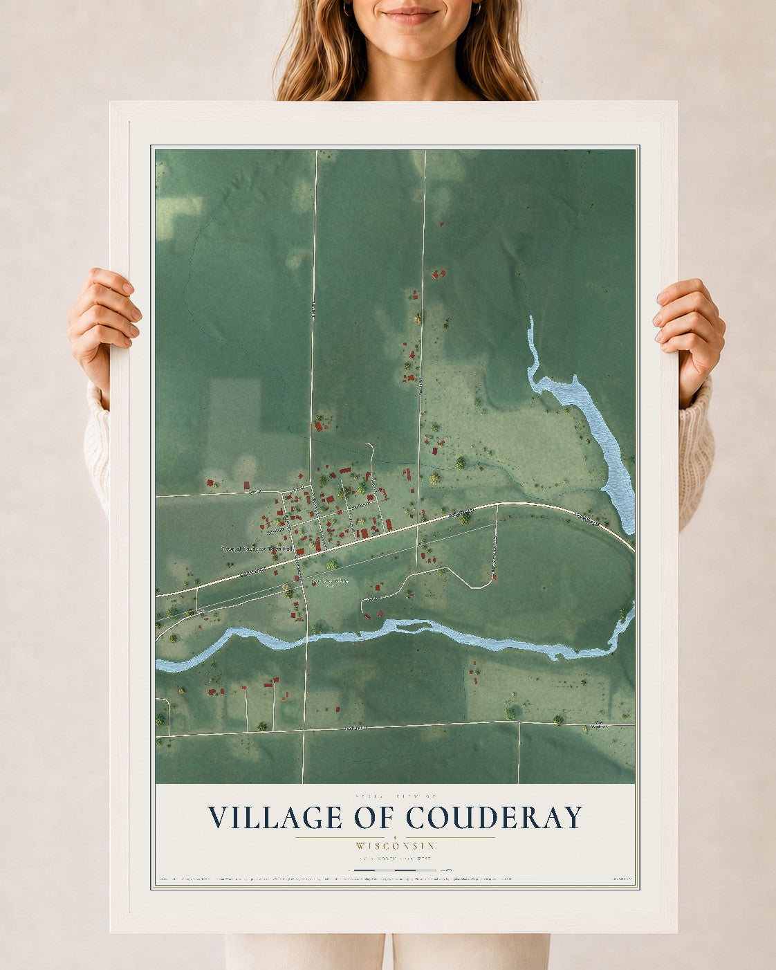 Map of Couderay, Wisconsin, 24 x 36 inch print in a white wood frame