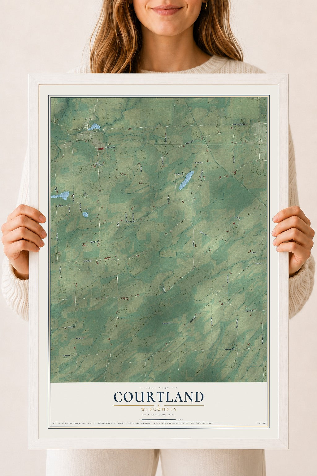 Map of Courtland, Wisconsin, 18 x 24 inch print in a white wood frame