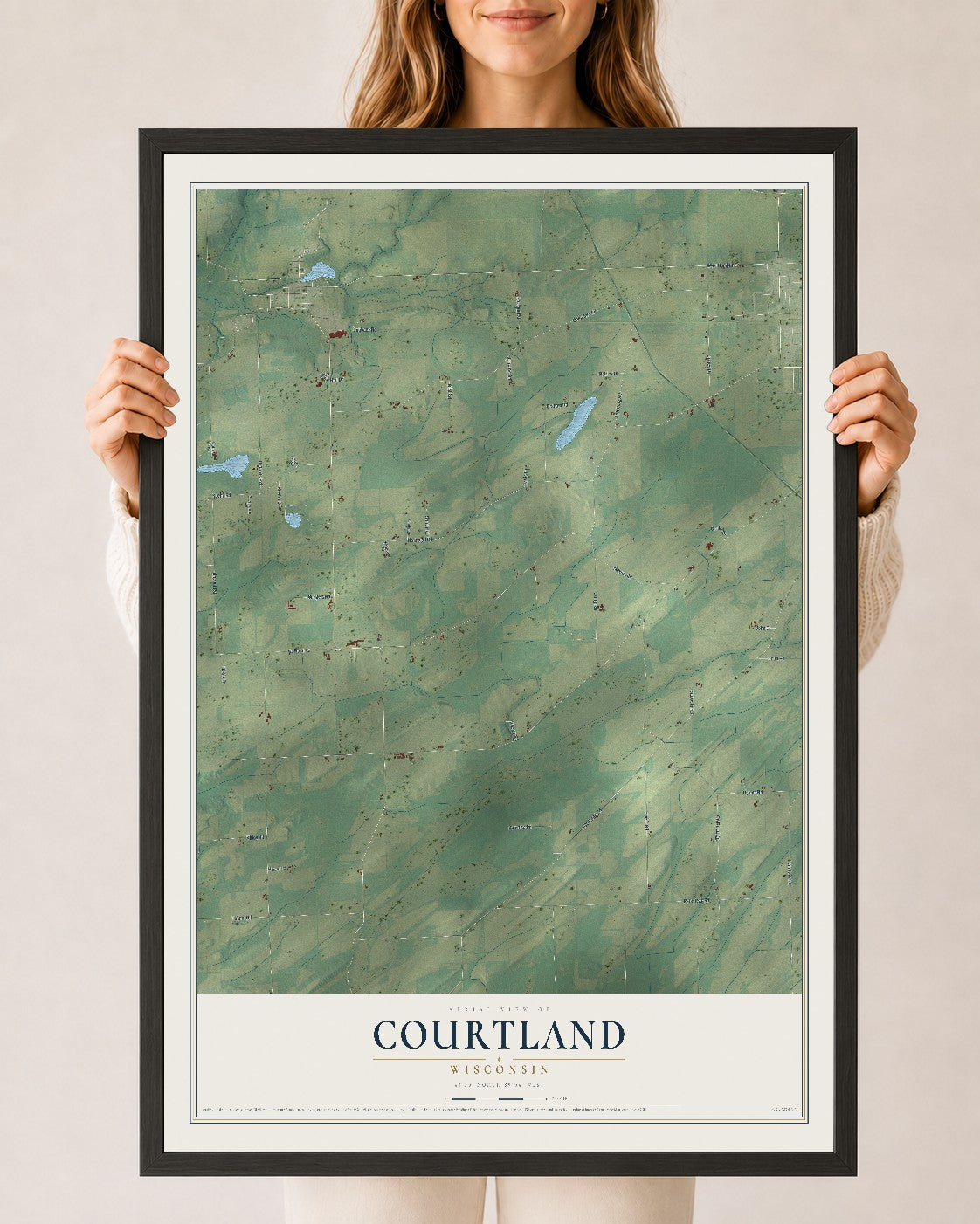 Map of Courtland, Wisconsin, 24 x 36 inch print in a black wood frame