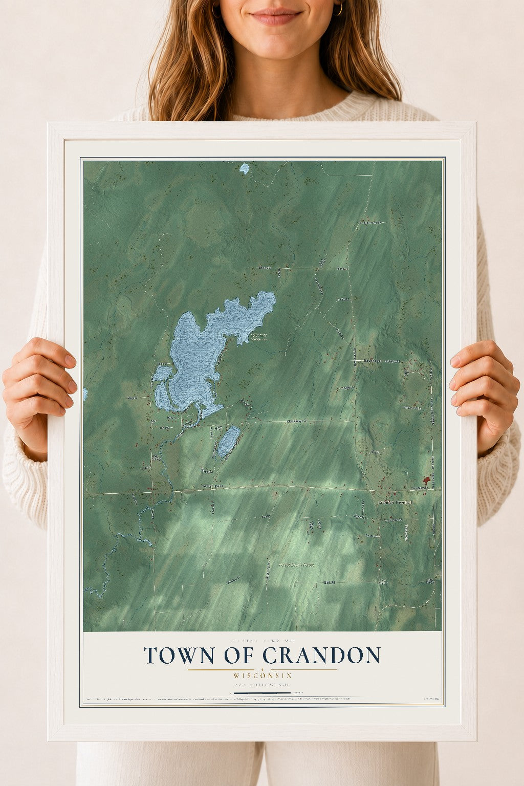 Map of the Town of Crandon, Wisconsin, 18 x 24 inch print in a white wood frame