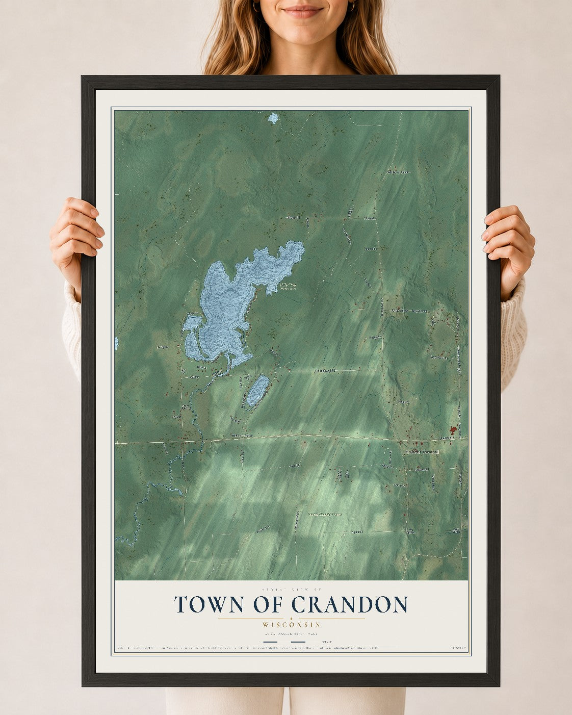 Map of the Town of Crandon, Wisconsin, 24 x 36 inch print in a black wood frame