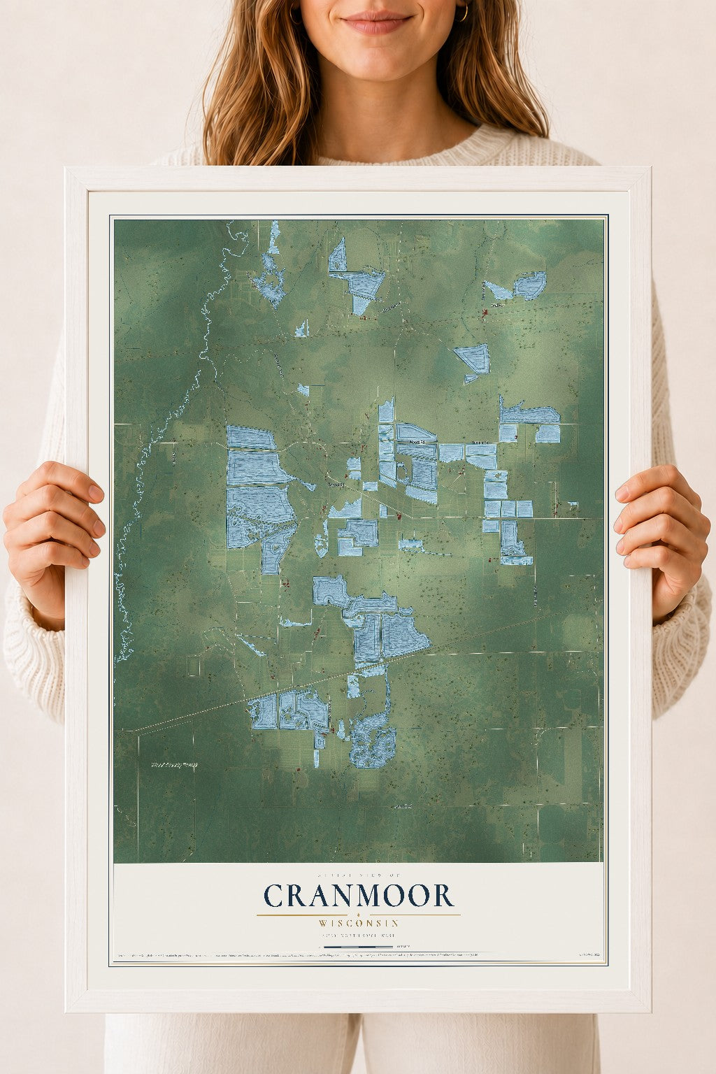 Map of Cranmoor, Wisconsin, 18 x 24 inch print in a white wood frame