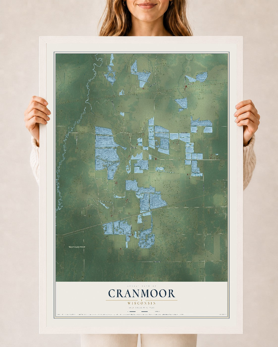 Map of Cranmoor, Wisconsin, 24 x 36 inch print in a white wood frame