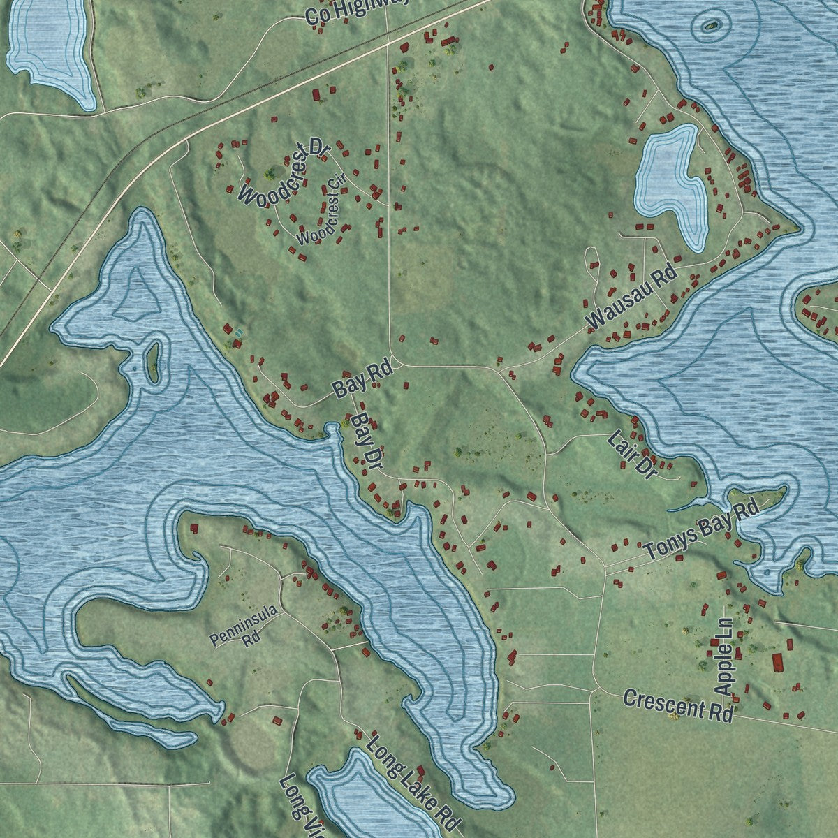 Close-up of the map of Crescent, Wisconsin print showing street and building detail