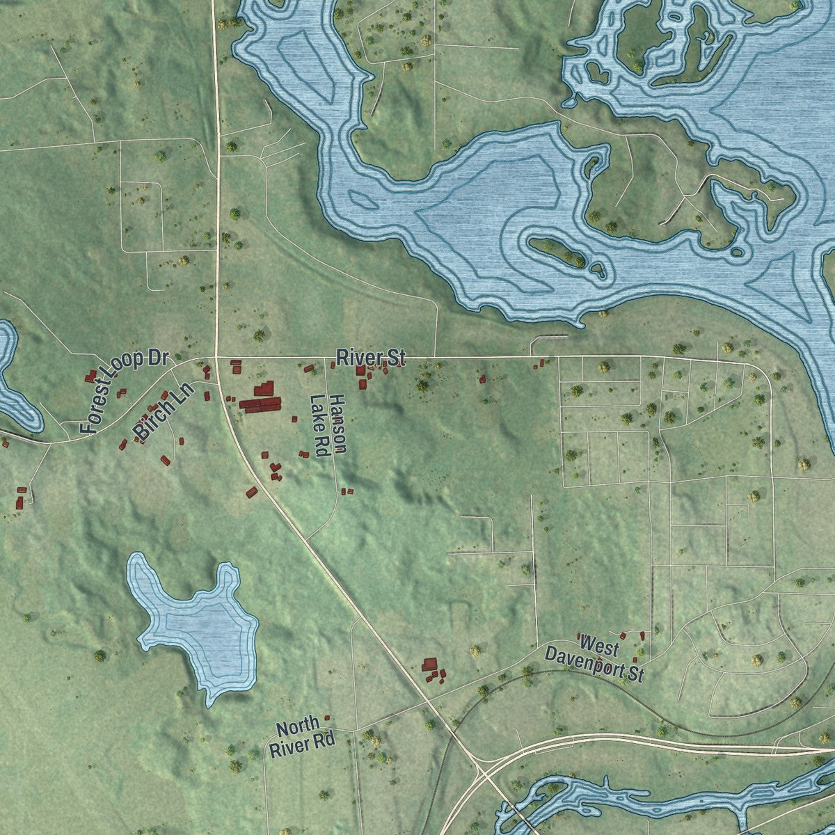 Second close-up of the map of Crescent, Wisconsin print showing more streets and buildings