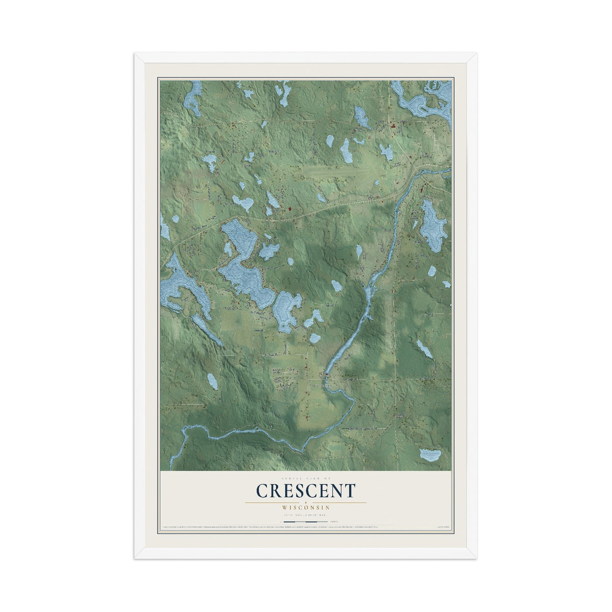 Map of Crescent, Wisconsin, 12 x 18 inch print in a white wood frame