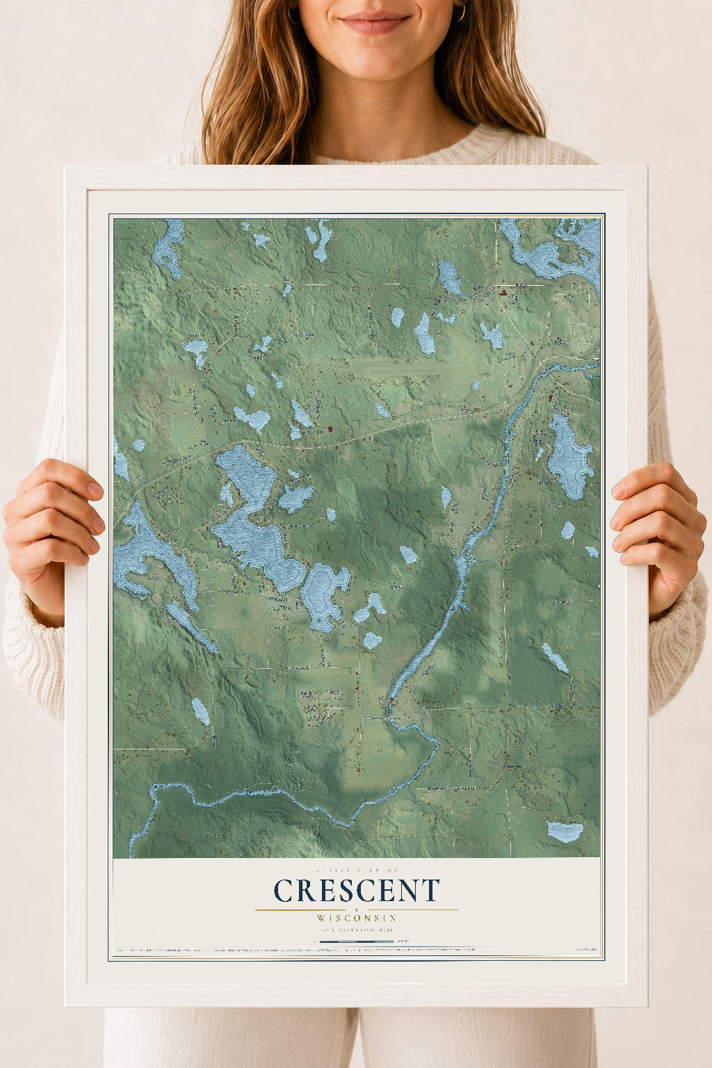 Map of Crescent, Wisconsin, 18 x 24 inch print in a white wood frame