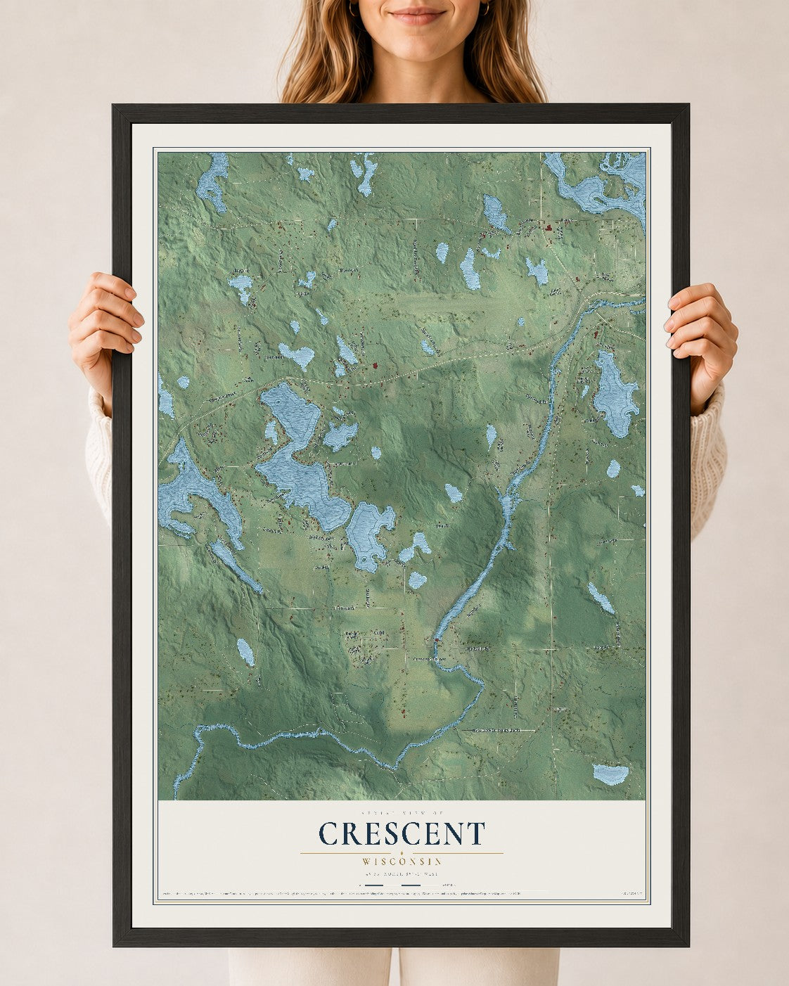 Map of Crescent, Wisconsin, 24 x 36 inch print in a black wood frame
