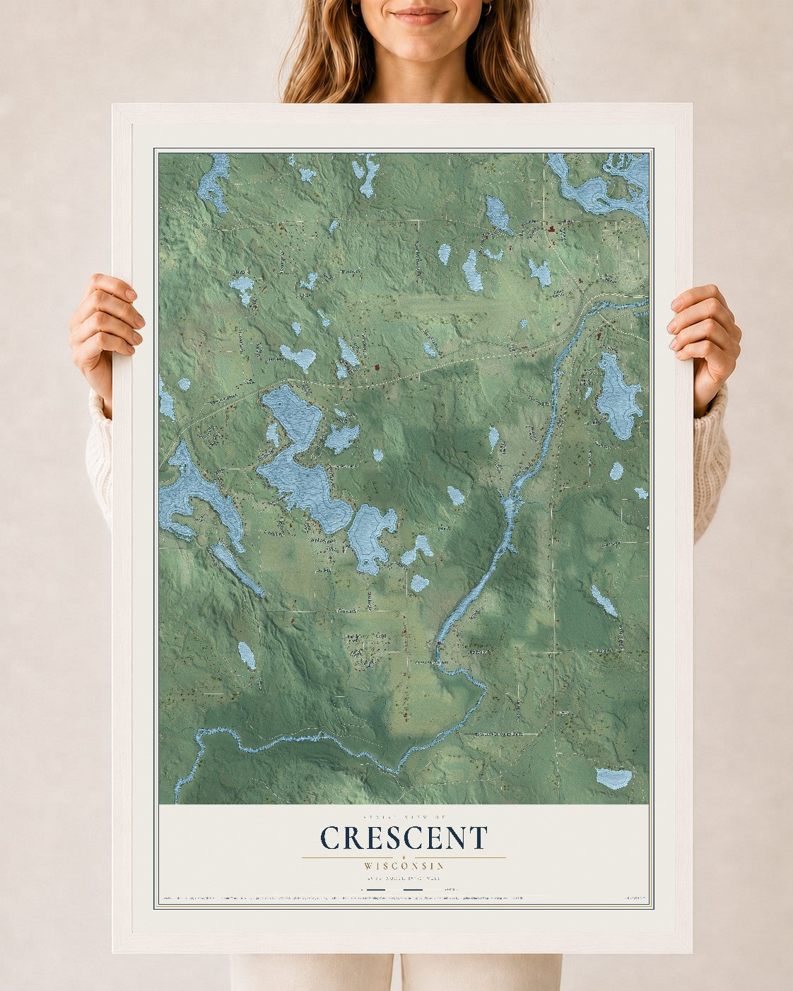 Map of Crescent, Wisconsin, 24 x 36 inch print in a white wood frame