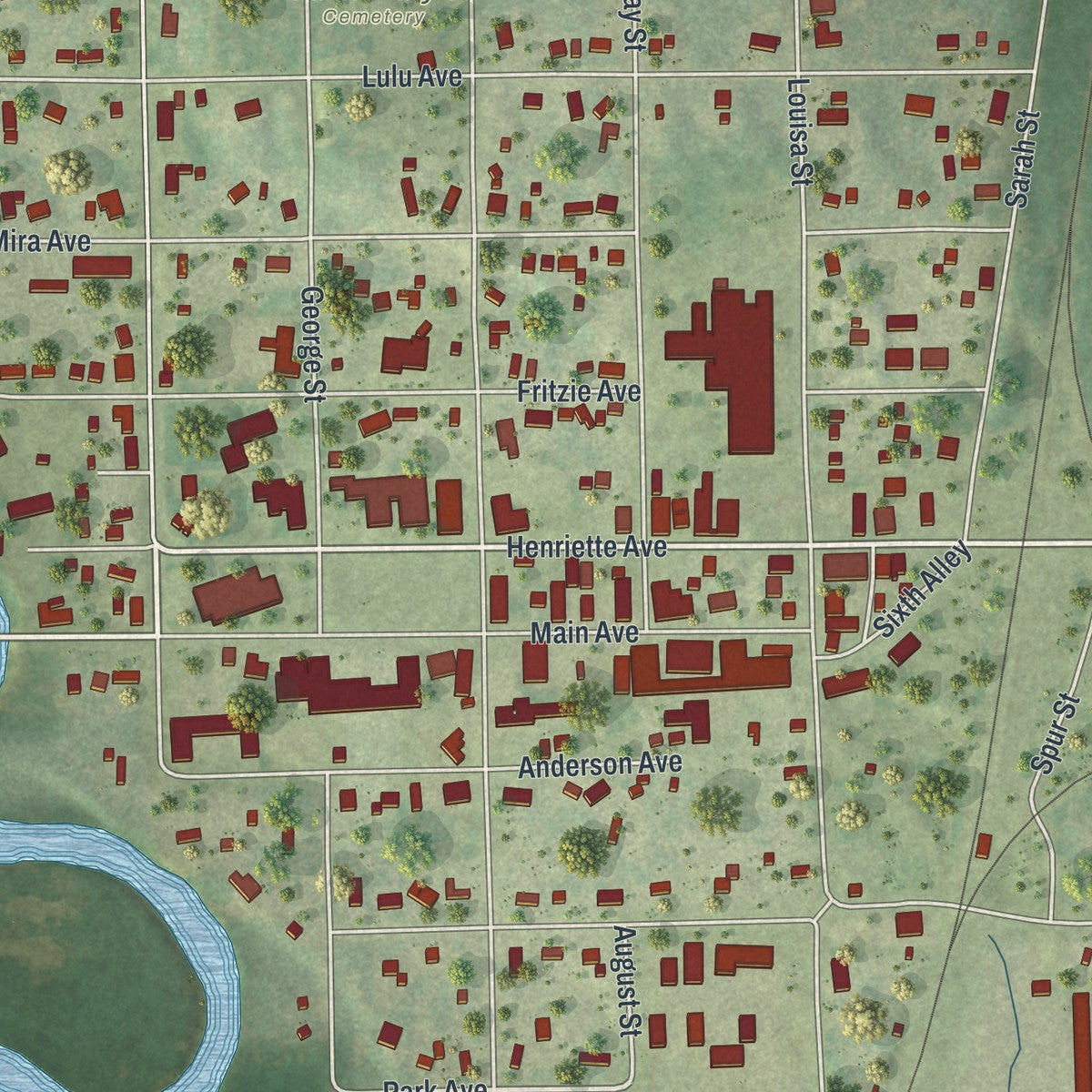 Close-up of the map of Crivitz, Wisconsin print showing street and building detail