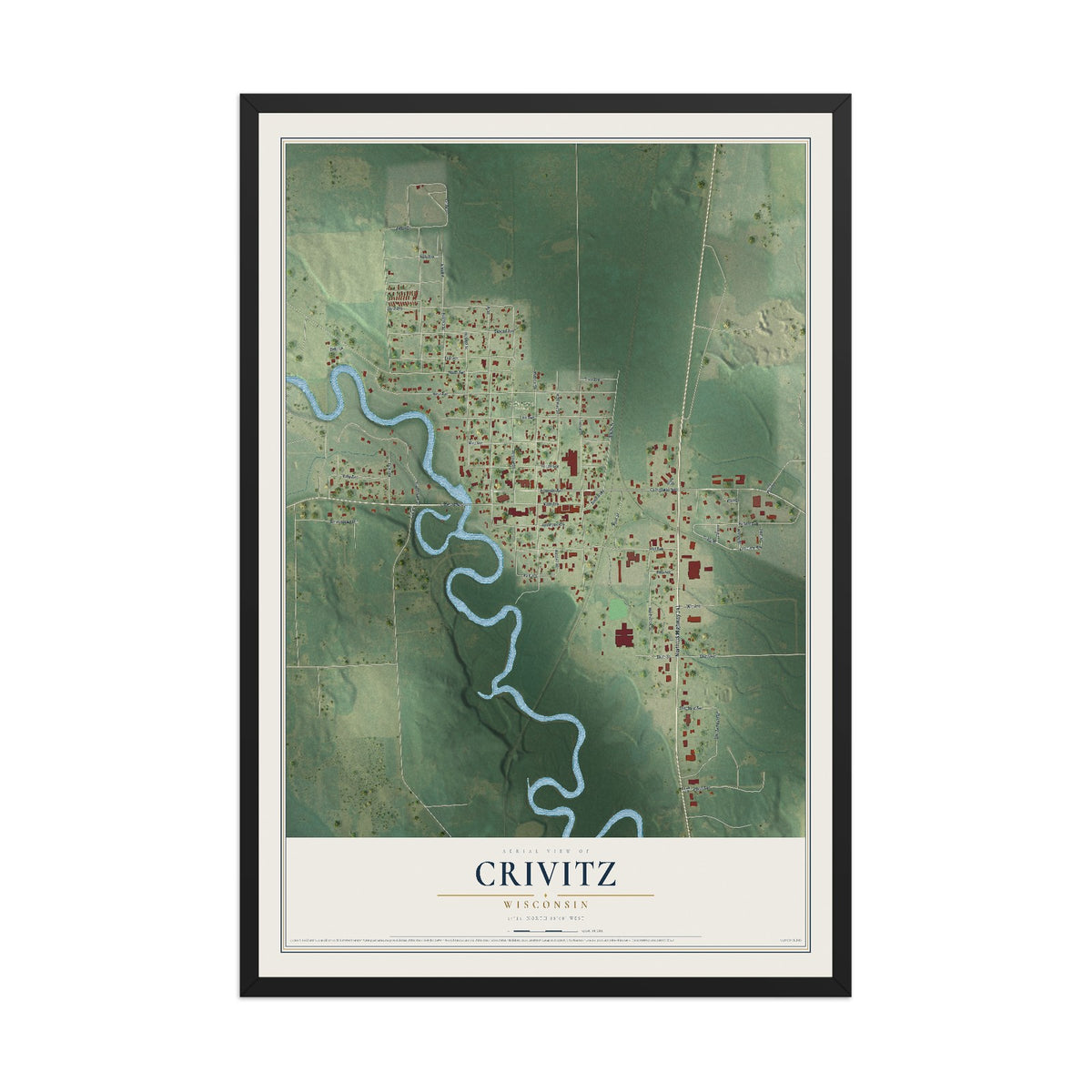 Map of Crivitz, Wisconsin, 12 x 18 inch print in a black wood frame
