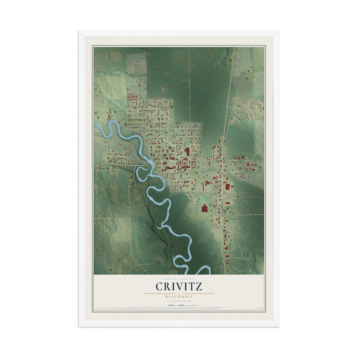Map of Crivitz, Wisconsin, 12 x 18 inch print in a white wood frame