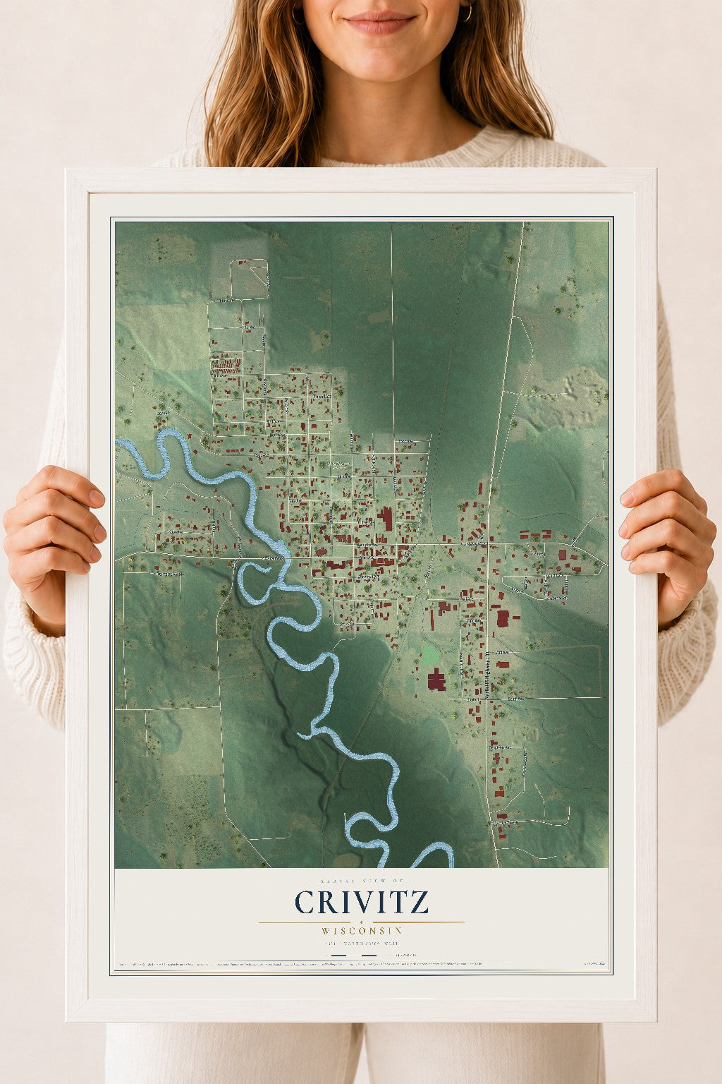 Map of Crivitz, Wisconsin, 18 x 24 inch print in a white wood frame