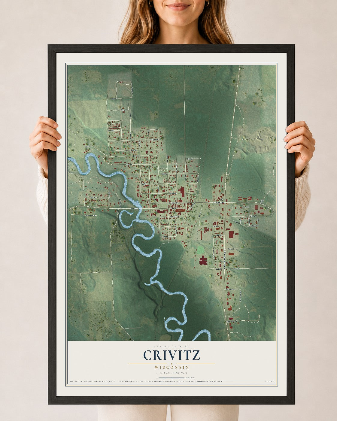 Map of Crivitz, Wisconsin, 24 x 36 inch print in a black wood frame